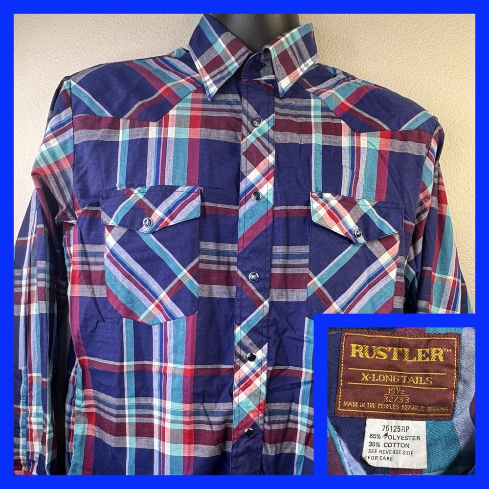 Rustler Western Shirt‎ Mens 15.5 Blue Plaid Pearl Snap X-Long Tails 75125RP